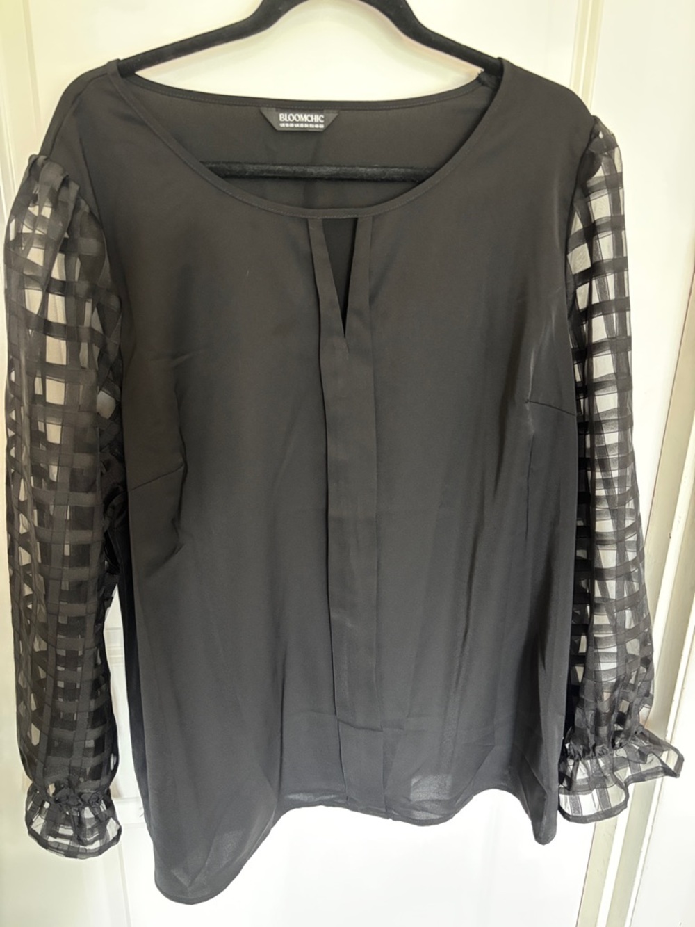 BloomChic Black Sheer Checkered Sleeve Blouse